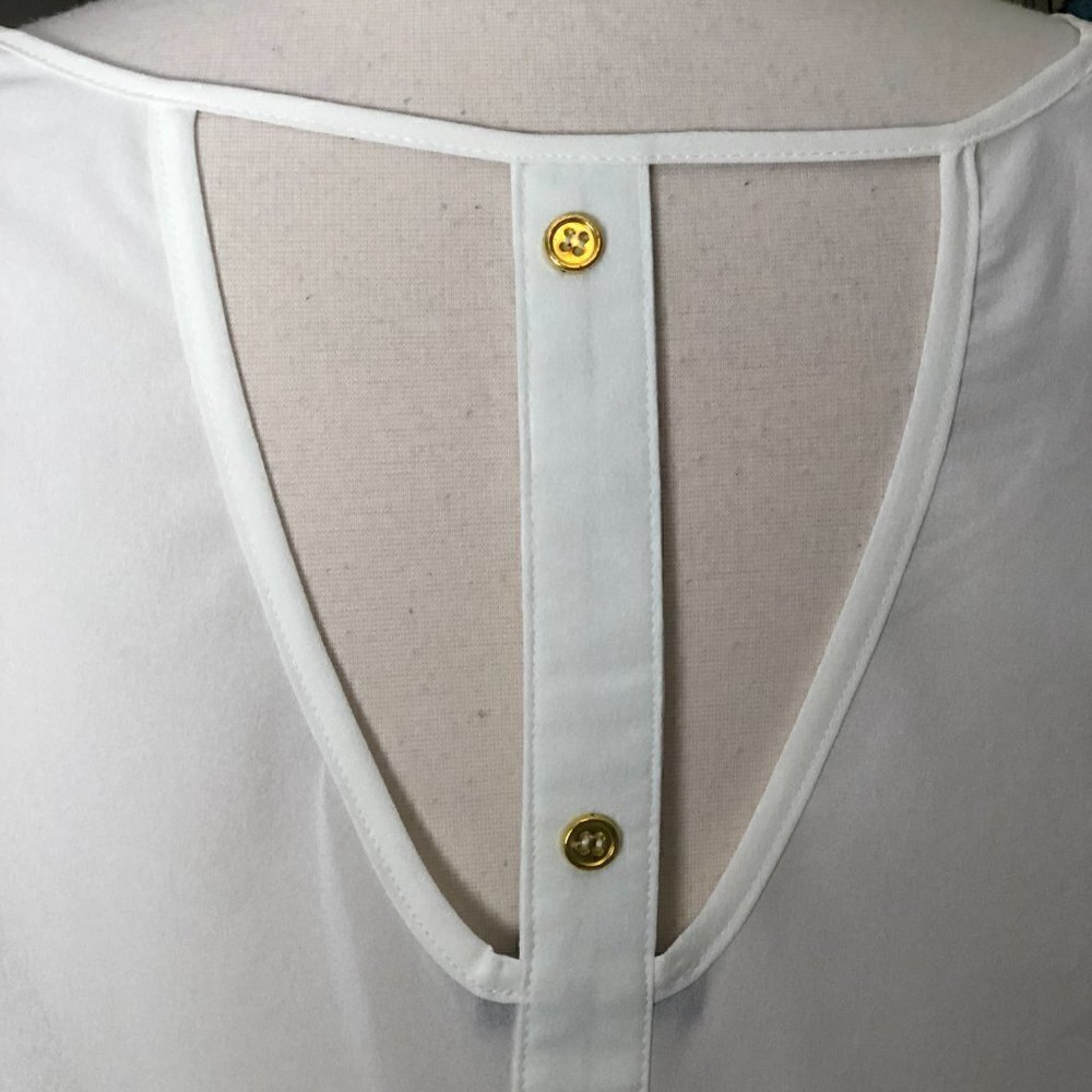 MINE Sheer Blouse Women's size L White & Gold Button T Back 3/4 Sleeve - Picture 10 of 11
